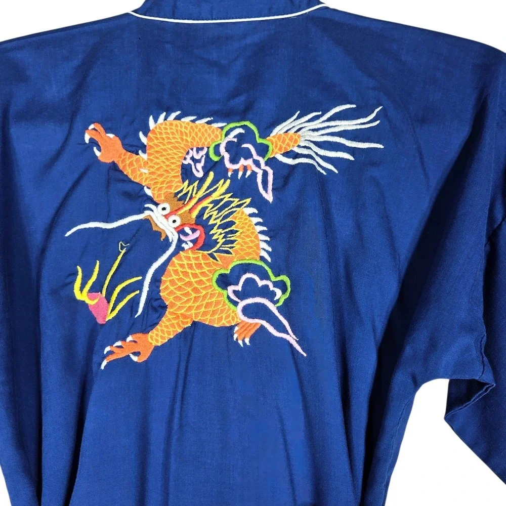 Vintage Health Shanghai China Embroidered Dragon Kimono Robe Blue Youth Size 8